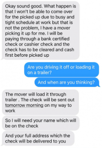 a text message exhange from a cheque scam