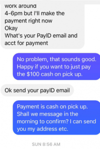 A text message exchange showing a pay ID scam