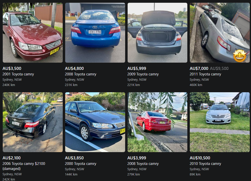 Listings for used cars on Facebook Marketplace